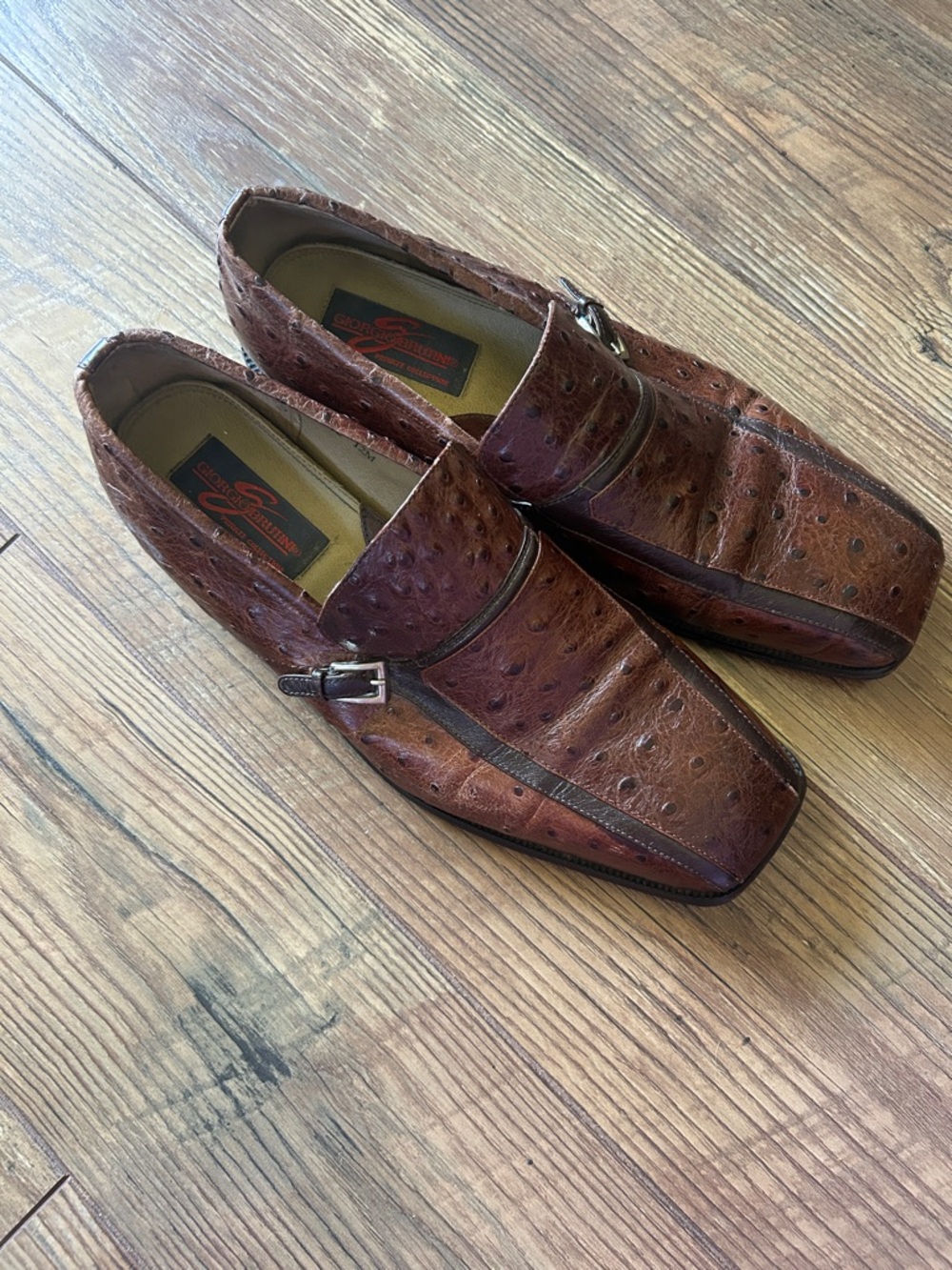 Chestnut Ostrich-Texture Slip-On Loafers with Buckle